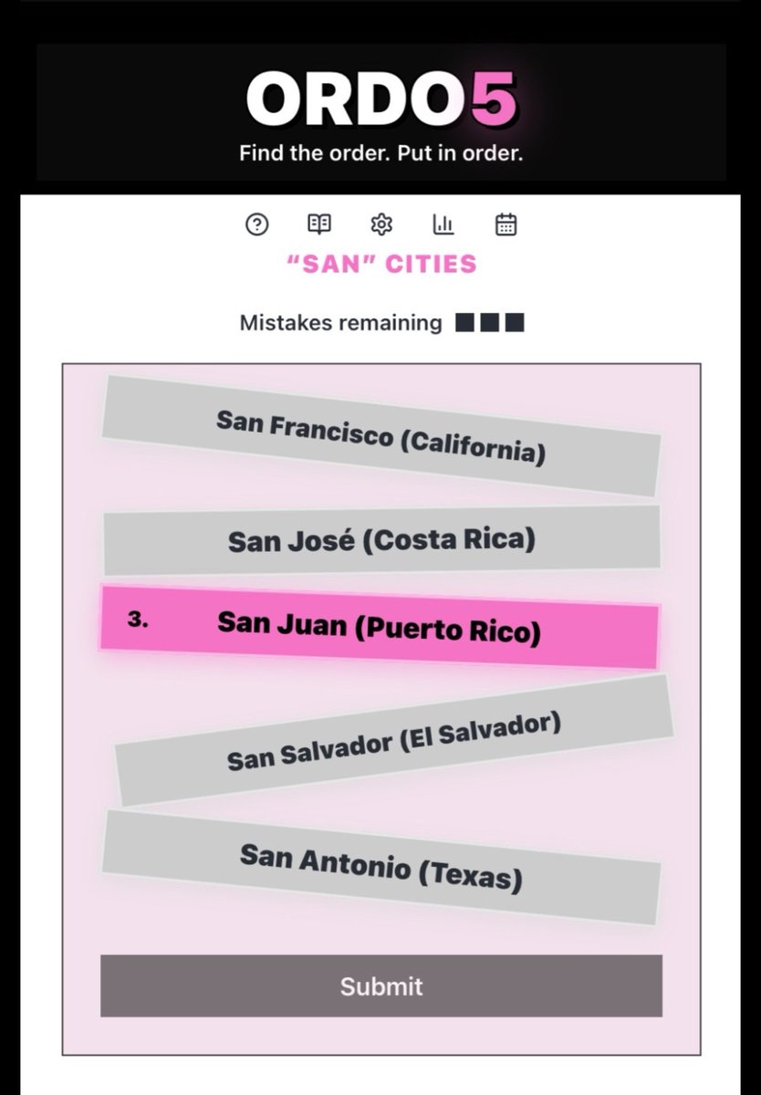 ORDOFive's tweet image. Friday puzzle 🌆
Today’s theme: “San” Cities
San Francisco | San Jose | San Juan | San Salvador | San Antonio
Find the correct order.
ordo5.com
#ORDO5 #Geography #Cities #FridayChallenge #Trivia
