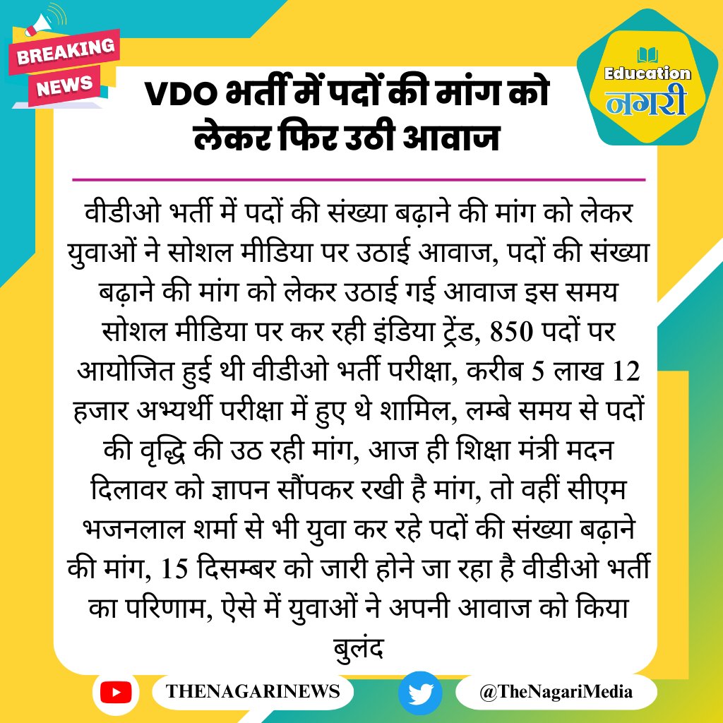 educationnagari's tweet photo. VDO भर्ती में पदों की मांग को लेकर फिर उठी आवाज
#EducationNagari #VDO_भर्ती_में_पद_बढाओ #vdo_2025_भर्ती_में_पद_बढ़ाओ #vdo_post_increase_करो #VDO https://t.co/TRTqgrAdAx