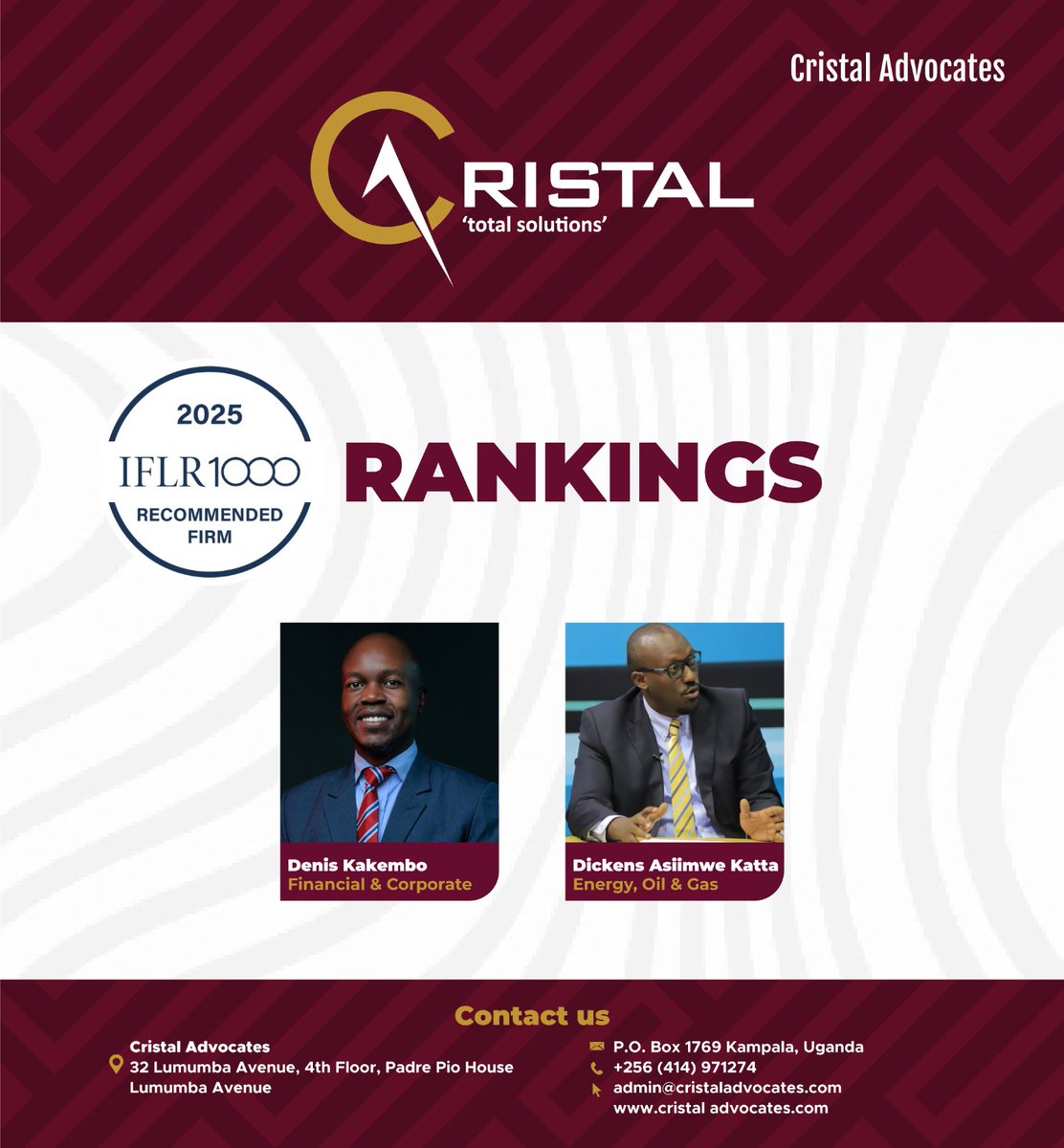 deniskakembo's tweet photo. We are pleased to share that Cristal Advocates has been recognised by IFLR1000 in its 2025 survey as a Recommended Firm in both Finance & Corporate and Project Development.

We are also proud that our Partners, Denis Kakembo and Dickens Asiimwe Katta, have received individual recognition in their respective practice areas.

This acknowledgement reflects the trust of our clients, the dedication of our team, and our continued commitment to delivering practical, high-quality legal solutions. Thank you to our clients and colleagues for being part of this journey.