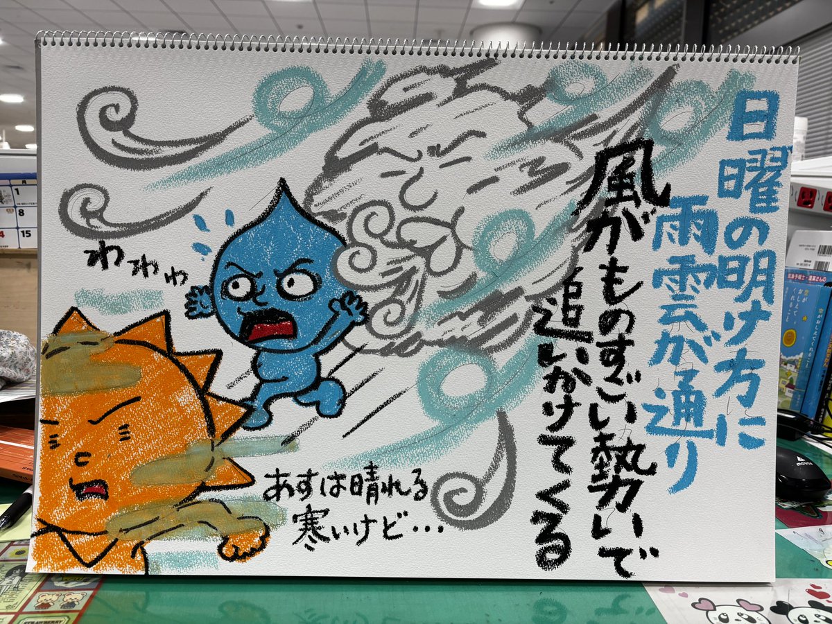 土日の近畿の天気イラスト
あすは晴れのち夕方から曇り
日曜は昼前から晴れ間の出る所が多いですが強風注意