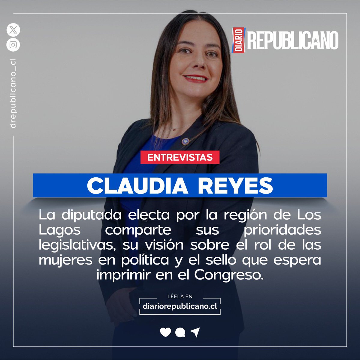 drepublicano_cl's tweet photo. 📲  @claudiareyesla diputada electa por Los Lagos 🎙️

“Los principales desafíos de nuestra región son recuperar la seguridad 🛡️ y reactivar la economía 💰📈”

📲 Lee la nota completa en 👉 https://t.co/YAQyTWFvFY

#ClaudiaReyes #LosLagos #Republicanos #MujeresEnPolítica https://t.co/zFkagGLHJS