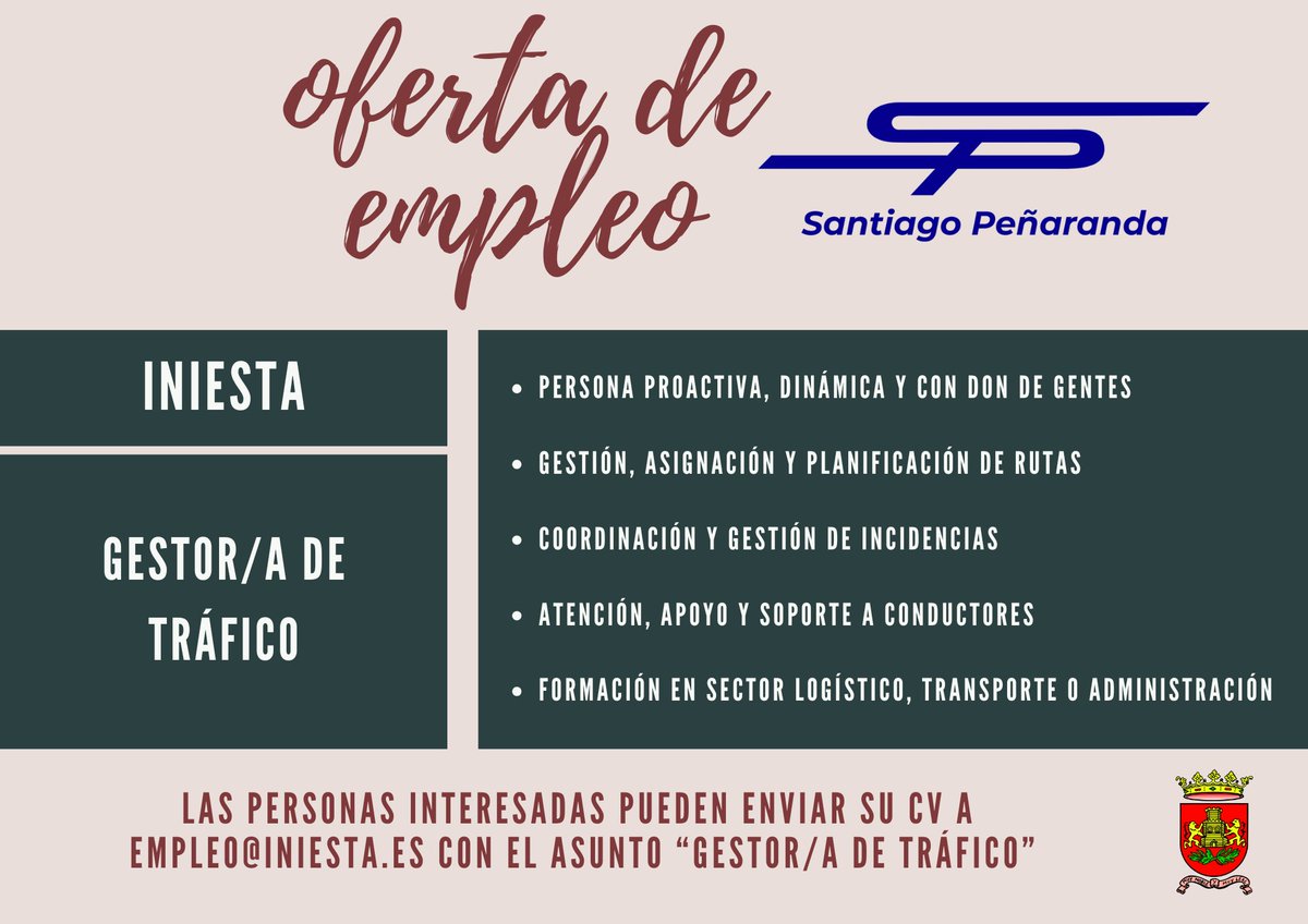OFERTA DE EMPLEO📋

La empresa de transportes Santiago Peñaranda necesita incorporar a su plantilla a un gestor o gestora de tráfico con formación en logística y transporte.

Entre sus funciones estarán la gestión de rutas e incidencias, así como el dar apoyo a los chóferes.