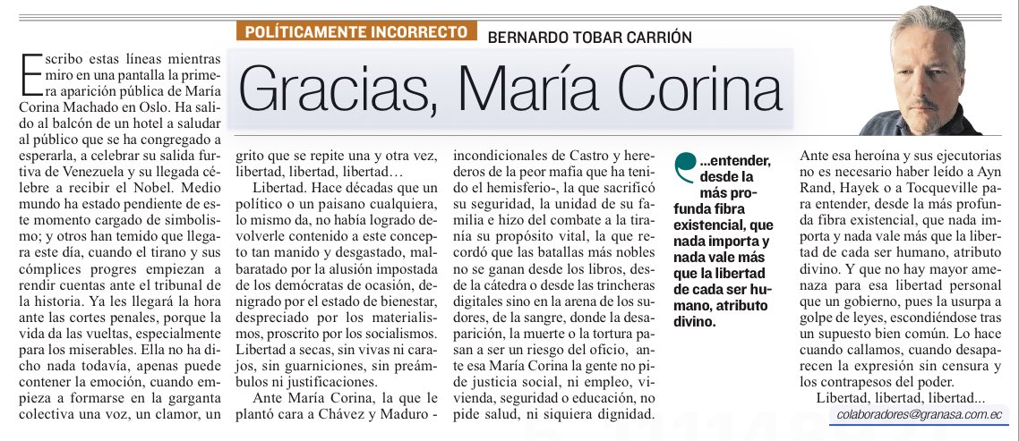 Gracias ⁦<a href="/MariaCorinaYA/">María Corina Machado</a>⁩, mi columna hoy en Expreso