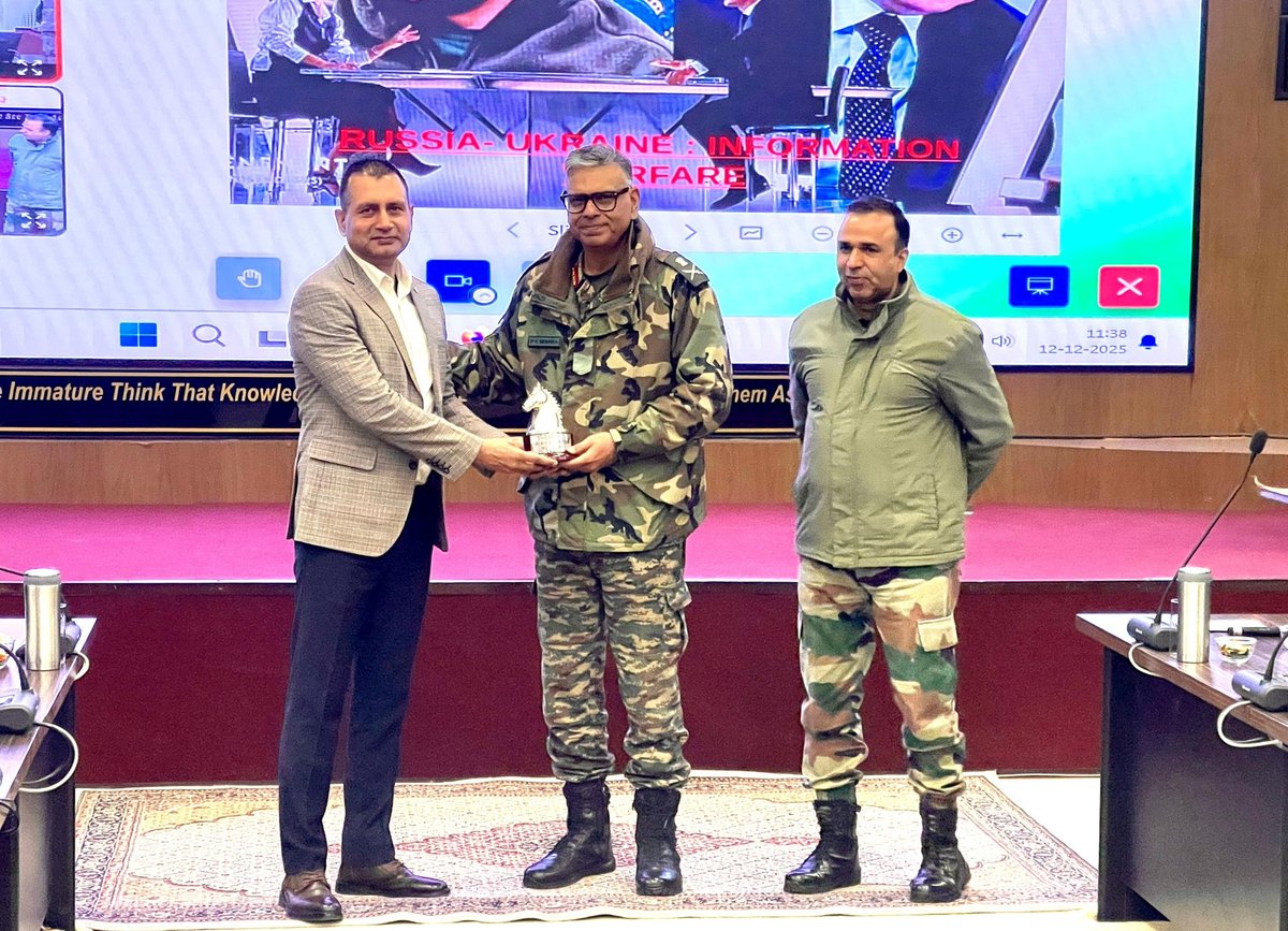prodefencejammu's tweet photo. #WhiteKnightCorps | #OperationalTraining
Mr Rajesh Pawar, a seasoned war correspondent, delivered an insightful lecture drawing on his first-hand experiences from the Russia–Ukraine conflict. He highlighted key operational lessons, emphasising the need for heightened situational awareness, mental resilience and adaptive thinking to meet the complexities of modern, high-tempo and multi-domain battlefields. He underscored that forces capable of rapid adaptation, cohesive decision-making and sustained cognitive agility retain a decisive advantage in contemporary conflict environments.
He further elaborated on the expanding significance of information warfare, stressing the importance of disciplined narrative management, digital awareness and responsible information practices across all ranks and families. His address reaffirmed that enhanced information discipline, counter-disinformation capability and collective digital resilience will remain central to preserving operational readiness and strengthening institutional credibility in the evolving strategic landscape.
We Serve, We Protect!
@adgpi
@NorthernComd_IA @SpokespersonMoD
@diprjk
@ANI