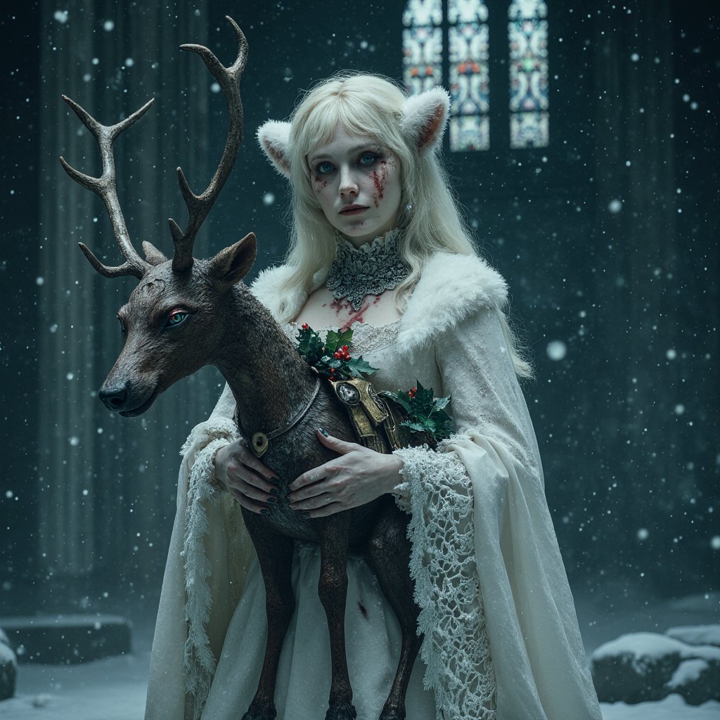 Skylme's tweet photo. On a silent Christmas Eve, the wolf-princess found the last reindeer.
Its eyes still glow with forgotten magic.
Her blood on the snow is the only gift left to give.
A holiday you’ll never unsee. ❄️🦌❤️🔥
#DarkChristmas #Christmas2025
#FantasyArt #WolfPrincess https://t.co/WoPxX9oO6K