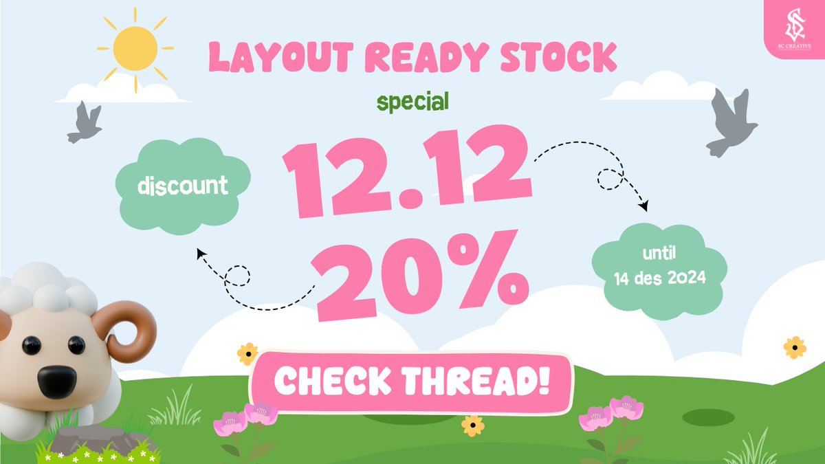 SCCREATIVEarts's tweet image. Any repost will be appreciated!
Haloo, special 12.12 sccreative ada DISKON 20% layout ready stock! 🥳
kami bawa 50+ layout di THREAD! let's goo check &amp;amp; jemput segera 🚀

📅 batas sampai 14/12/25
☎️ @sccreativestdio 
tags: cortis, aespa, h2h, west, lusi, nct, etc
#zonauang #zonaba