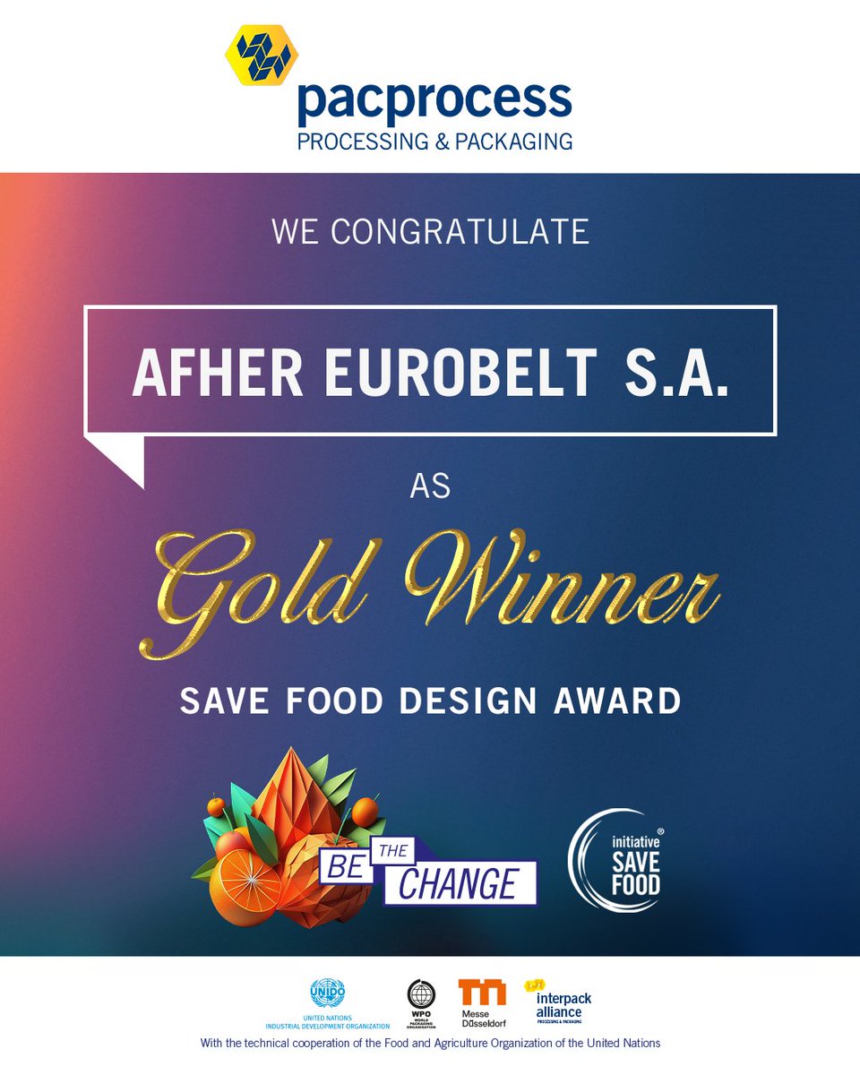 interpackmea's tweet photo. 🥇 A big congratulations to all winners of SAVE FOOD DESIGN EGYPT 2025!  

✨ Gold Winner: Afher Eurobelt S.S
✨ Silver Winner: Texula
✨ Bronze Winner: Haver &amp; Boecker OHG

Participants were evaluated by experts from FAO, UNIDO, and WPO.

#pacprocessMEA2025 #باك_بروسيس https://t.co/bHy40dt2ST