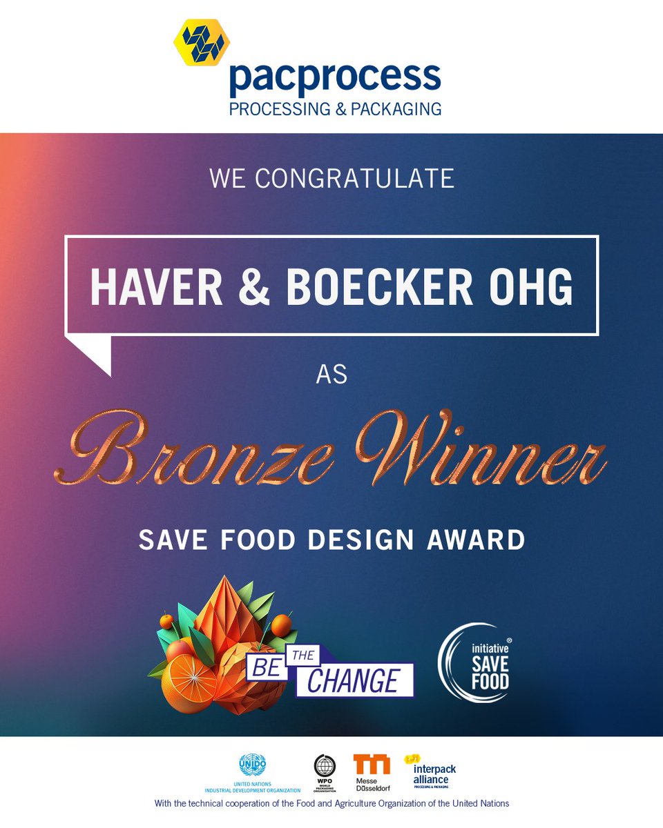 interpackmea's tweet photo. 🥇 A big congratulations to all winners of SAVE FOOD DESIGN EGYPT 2025!  

✨ Gold Winner: Afher Eurobelt S.S
✨ Silver Winner: Texula
✨ Bronze Winner: Haver &amp; Boecker OHG

Participants were evaluated by experts from FAO, UNIDO, and WPO.

#pacprocessMEA2025 #باك_بروسيس https://t.co/bHy40dt2ST