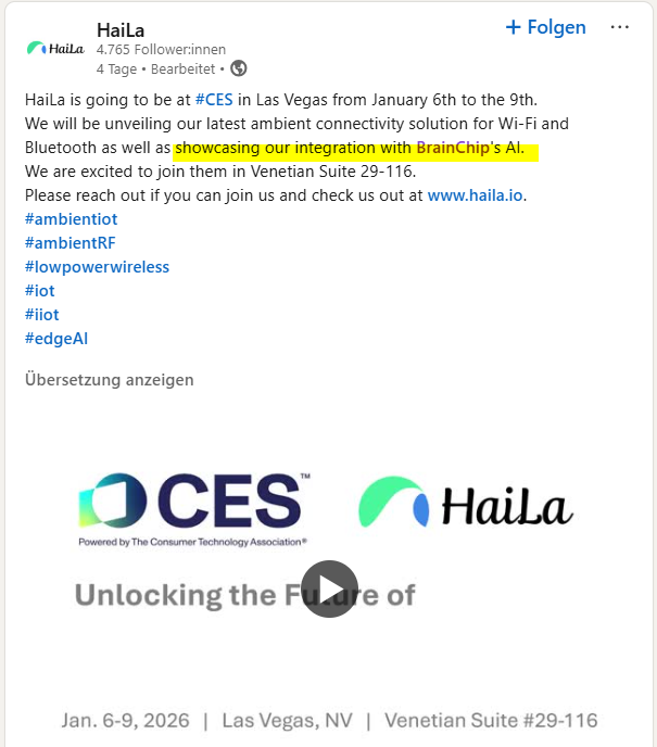 MIAM_Schwan's tweet photo. HaiLa will be unveiling their latest ambient connectivity solution for Wi-Fi and Bluetooth at #CES2026, January 6-9, as well as showcasing their integration with BrainChip's AI.
https://t.co/vAqqeDsth9
@BrainChip_inc #BRN #HaiLa https://t.co/pQiid5H1kc