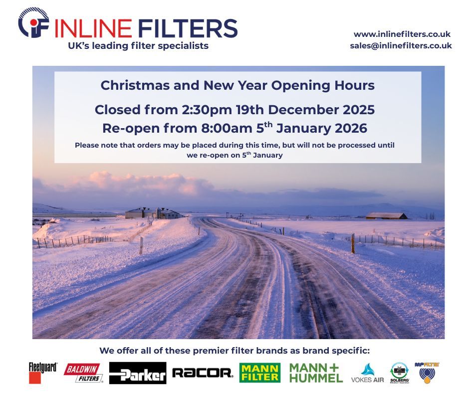 inlinefilters's tweet photo. Inline Filters will be closed from 2:30pm on 19th December 2025 and re-open from 8:00am 5th January 2026. Orders may be placed during this time, but will not be processed until we return on 5th January #inlinefilters #filterspecialist https://t.co/m1FDO2ozS7