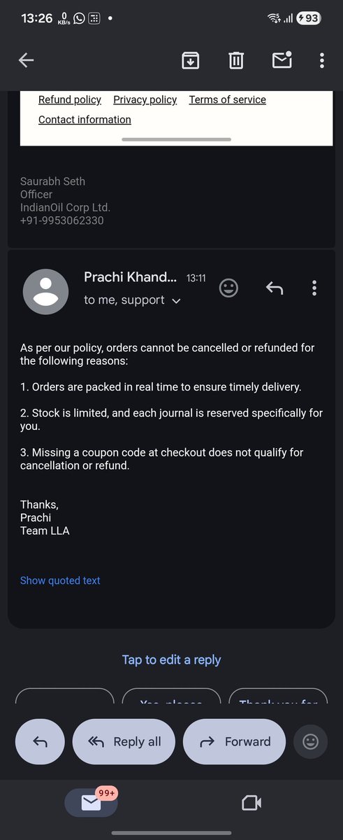 saurabhseth_'s tweet photo. @AdvisorLaborLaw I ordered JJ26 and just after few seconds wanted to cancel but there was no option to cancel the order (as coupon was missed). Called customer care not answered and got the attached mail. Is it one way communication only ? Why cant  cancel any order immediately ? https://t.co/s9ZTZ8XYyP