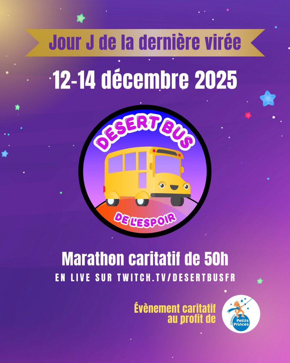 desertbusfr's tweet photo. 🚍💥 Jour-J !

Le Desert Bus de l’Espoir démarre à 19h et on file droit vers l’action pour soutenir les enfants gravement malades, avec @petitsprinces ✨

Live, vibes et solidarité : le dernier ride maintenant !

On vous embarque ? 💜

#DesertBusFr #AssociationPetitsPrinces https://t.co/hHIO7IPo3v