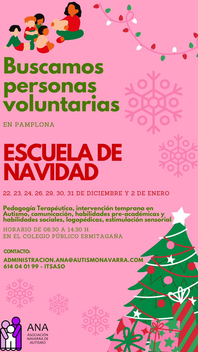 ✨¿Quieres compartir tu tiempo en Navidades?✨

En ANA buscamos voluntari@s para la Escuela de Navidad 2025/2026 en Pamplona 🎄💙

 Aulas reducidas, apoyo individual y trabajo en comunicación y habilidades sociales

📅 22 dic–2 ene
⏰ 8:30–14:30
📌 Últimas 10 plazas

 ¡Únete! 💙