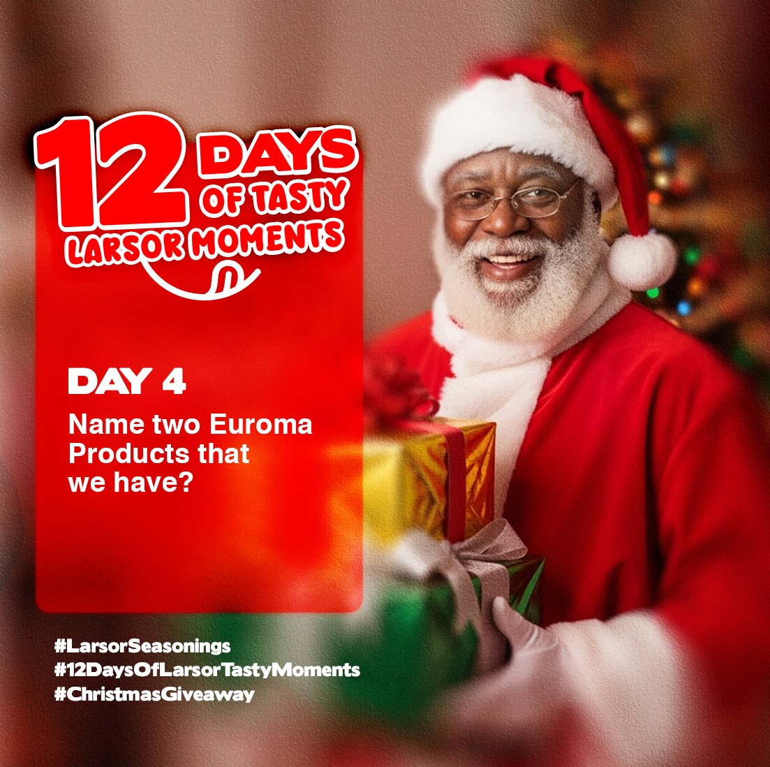 LarsorSeasoning's tweet photo. Day 4 of #12DaysOfLarsorTastyMoments
Tell us two Euroma products you know.
Share your answer and follow the steps to qualify for N50,000.

Swipe for the full terms.
Stay in and keep playing.

#LarsorSeasonings #12DaysOfLarsorTastyMoments #ChristmasGiveaway https://t.co/JORr3GCs6c