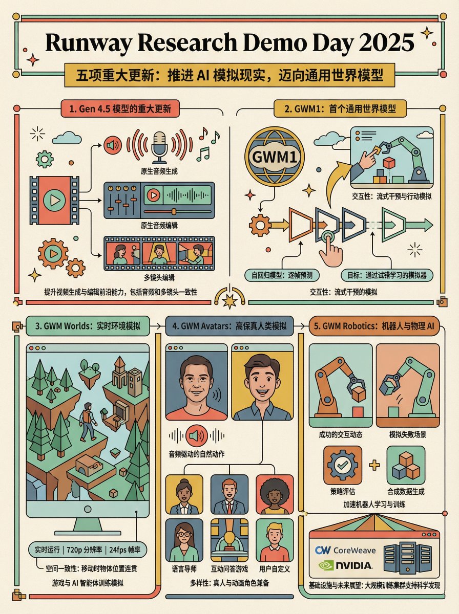 Runway 急了,昨晚開了一個視訊發表會。
直接發布了5 個新的影片和世界模型:
首先是它的Gen 4.5視訊模型,現在支援原聲音訊的生成和原聲音訊的編輯。
ALF 影片編輯模型支援對任意長度和多個鏡頭的影片進行編輯,確保角色、光