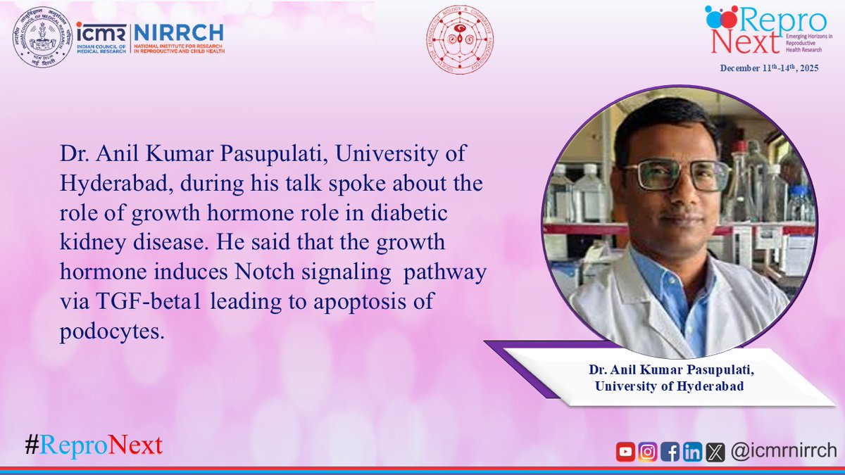 icmrnirwoh's tweet photo. Dr. Anil Kumar Pasupulati, University of Hyderabad, during his talk spoke about the role of growth hormone role in diabetic kidney disease. He said that the growth hormone induces Notch signaling pathway via TGF-beta1 leading to apoptosis of podocytes.
#ReproNext #SRBCE https://t.co/BYBCvWRmNm