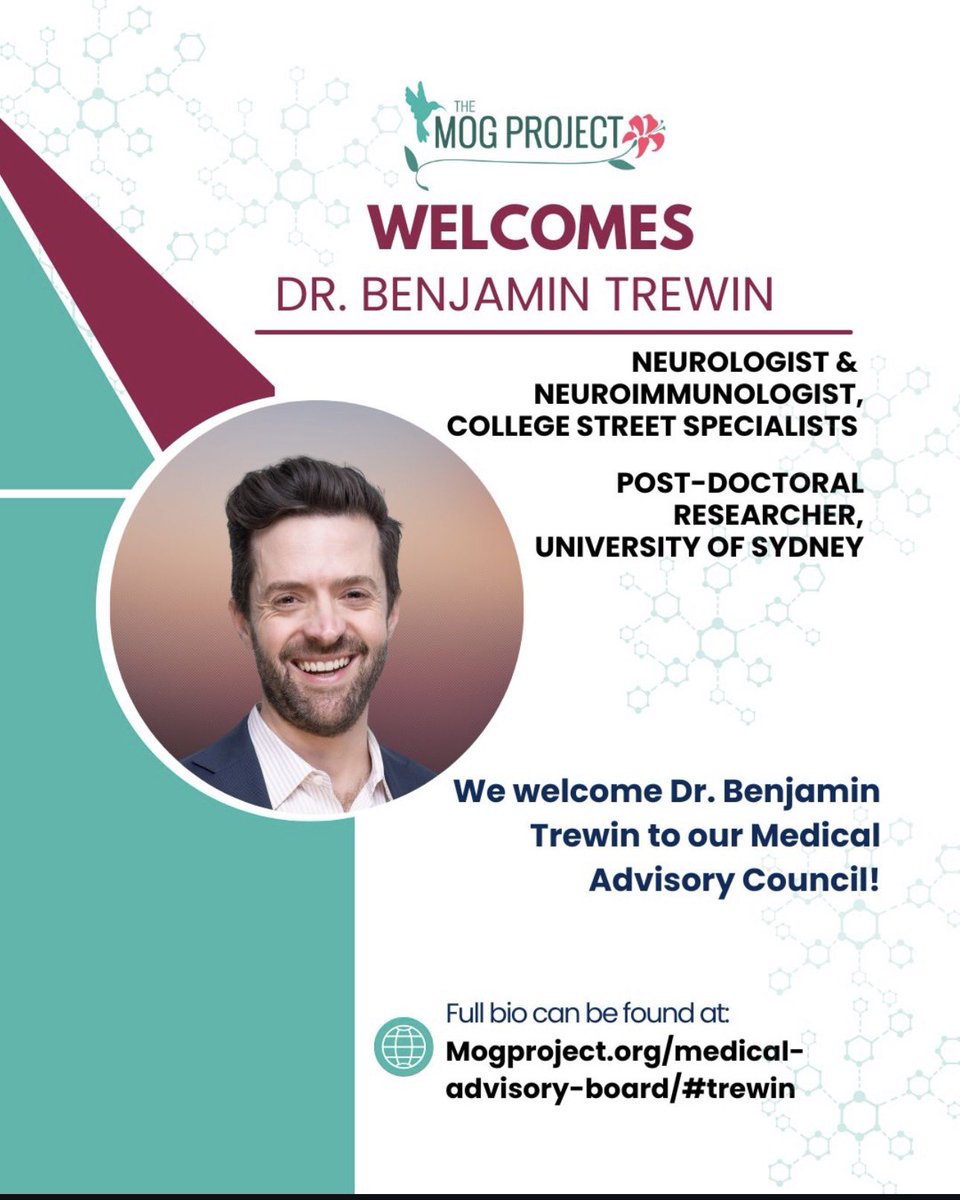 TheMOGProject's tweet image. We are thrilled to welcome Dr @Benjamin_Trewin with @JustJen_K to our ANZ Medical Advisory Board! Dr Ben is a Sydney-based neurologist &amp;amp; neuroimmunologist specialising in #MOGAD, #NMOSD &amp;amp; #MS. 

He is a clinician-scientist exploring relapse risk, treatment comparisons &amp;amp; long-term…