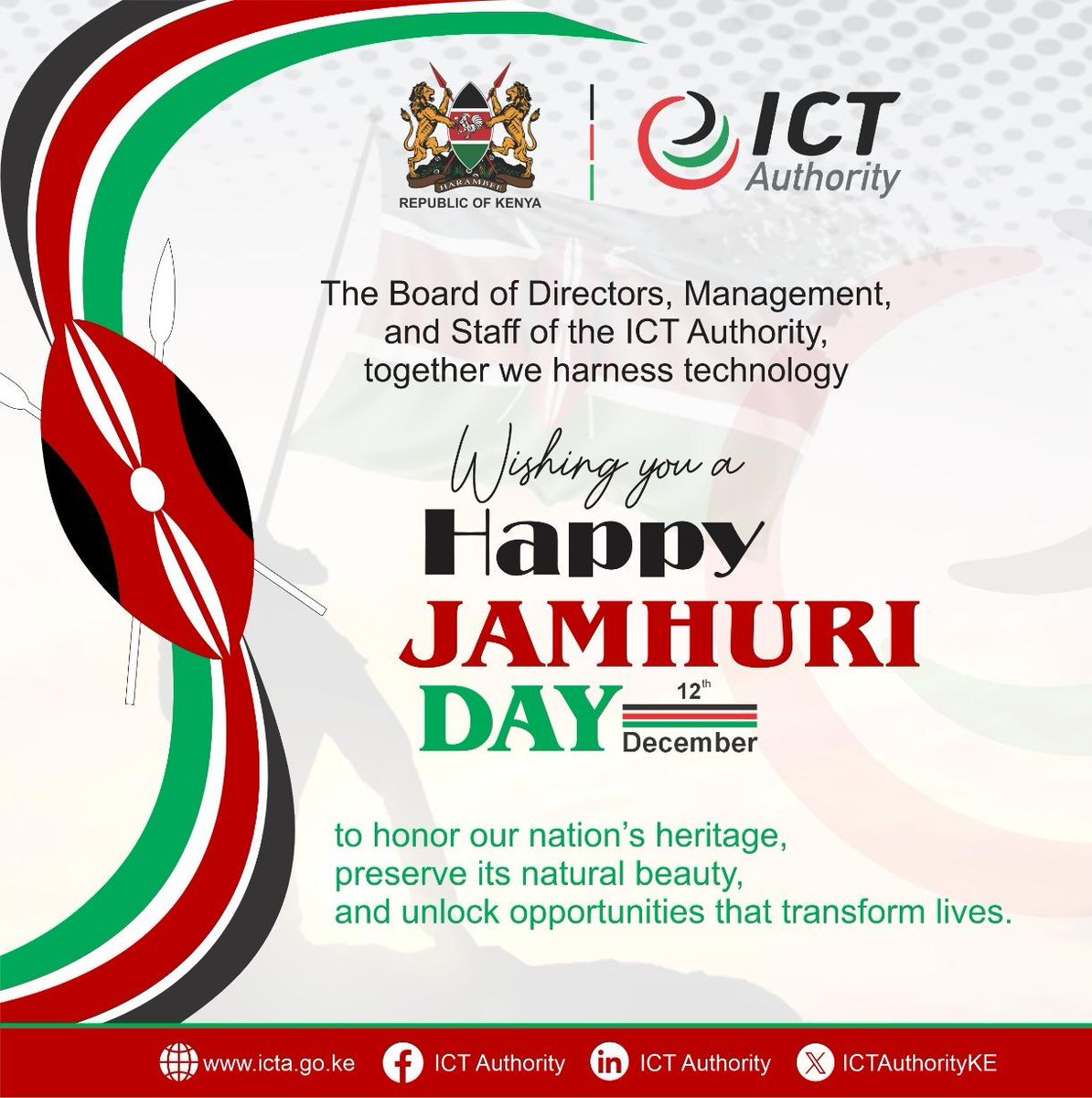 ICTAuthorityKE's tweet photo. Happy Jamhuri Day!

#ICTAuthorityKE https://t.co/u01qt26xjR