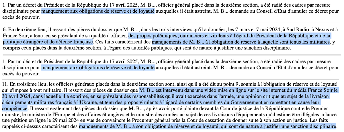 Discipline des militaires : Le <a href="/Conseil_Etat/">Conseil d'État</a> valide la radiation de deux généraux (rarissime à ce niveau).

Pour des «propos polémiques, outranciers &amp; virulents» (dans des médias) contre le Président &amp; la politique de la France.

Au mépris de leur obligation de réserve &amp; loyauté.