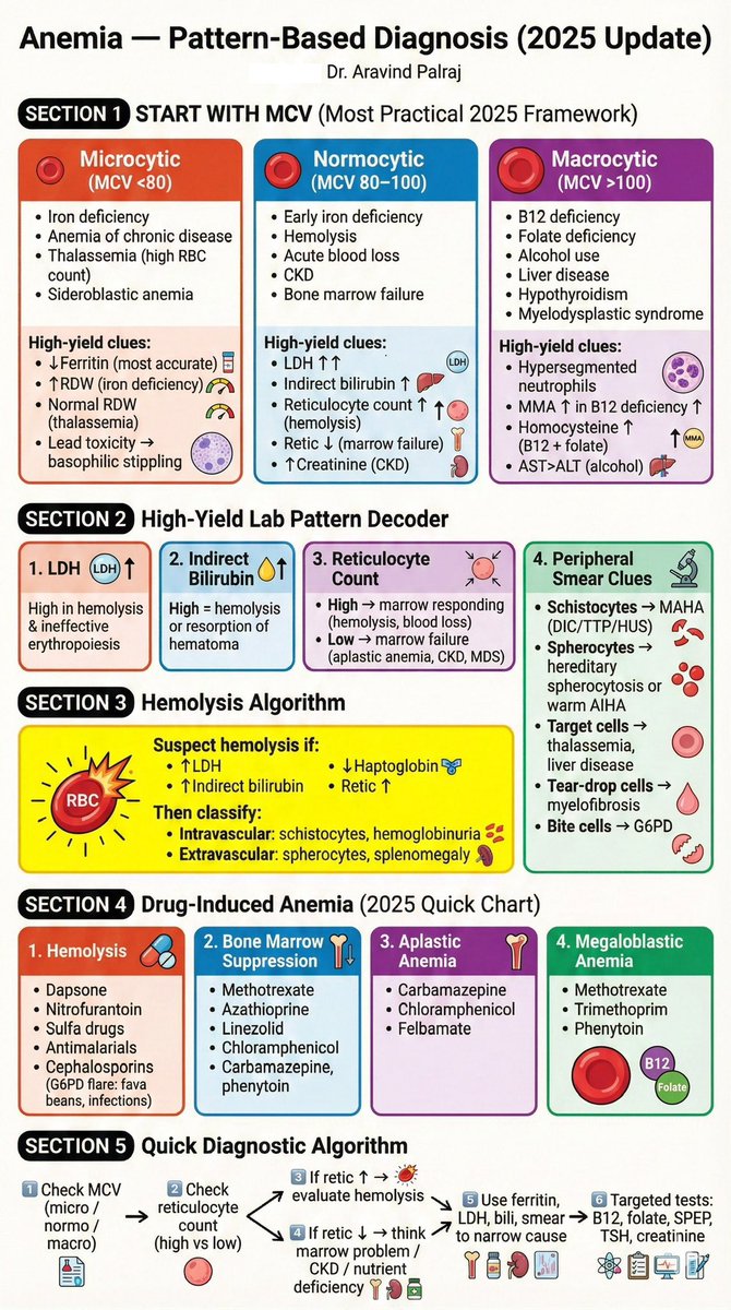 Anemia isn’t just “low Hb.”
A pattern-based approach saves time and avoids misdiagnosis.
Start with MCV → decode labs → spot drug-induced clues → confirm hemolysis with the right markers.
Simple, structured, practical.
Your daily internal-medicine refresher.

#Anemia