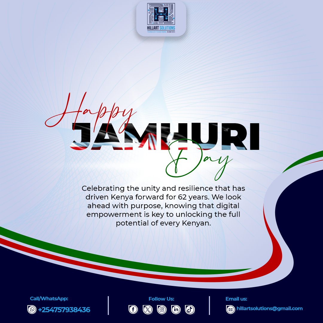 hillartsolution's tweet photo. Happy Jamhuri Day!

We honor the spirit of resilience and the collective journey toward progress. Let us renew our commitment to unity, innovation, and building a prosperous future for the Republic of Kenya.

Tujenge Taifa Letu

#JamhuriDay2025 #TrendingNow #hillartsolutions https://t.co/d9d26zOfyT