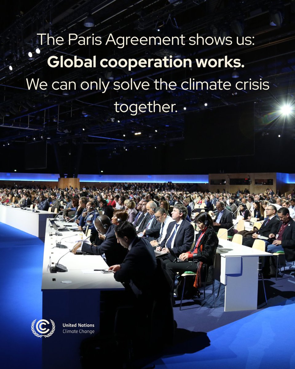 UNFCCC's tweet image. 10 years ago, the world took a major step forward for #climateaction:

The Paris Agreement was adopted on 12 December 2015. 🎇

A decade later, we know this: global cooperation works. But more progress is needed to protect people and the planet.
