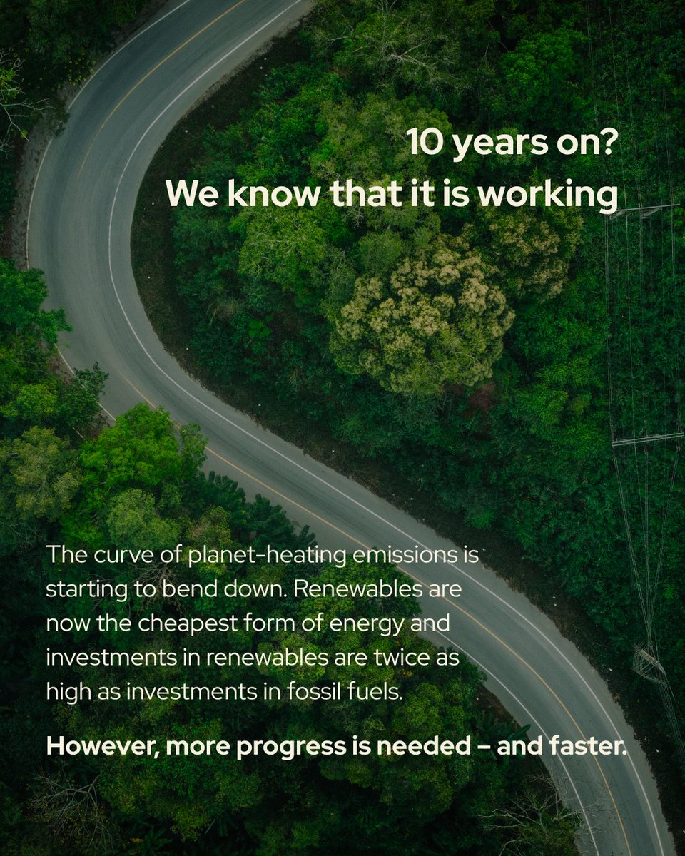 UNFCCC's tweet image. 10 years ago, the world took a major step forward for #climateaction:

The Paris Agreement was adopted on 12 December 2015. 🎇

A decade later, we know this: global cooperation works. But more progress is needed to protect people and the planet.