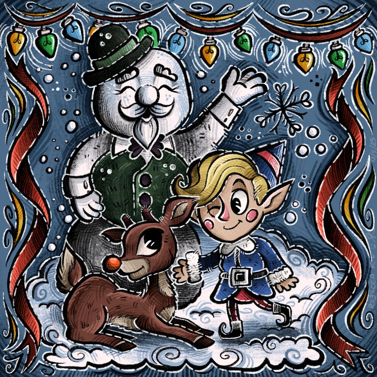 beccakoe's tweet photo. I illustrated this little beauty to help promote a local theatre production I’m in of “Rudolph the Red-Nosed Reindeer!” My inspiration was the classic film and the style of old-fashioned children’s books! ☃️❄️

#RudolphTheRedNosedReindeer #Procreate #Christmas https://t.co/wZqliDseGK