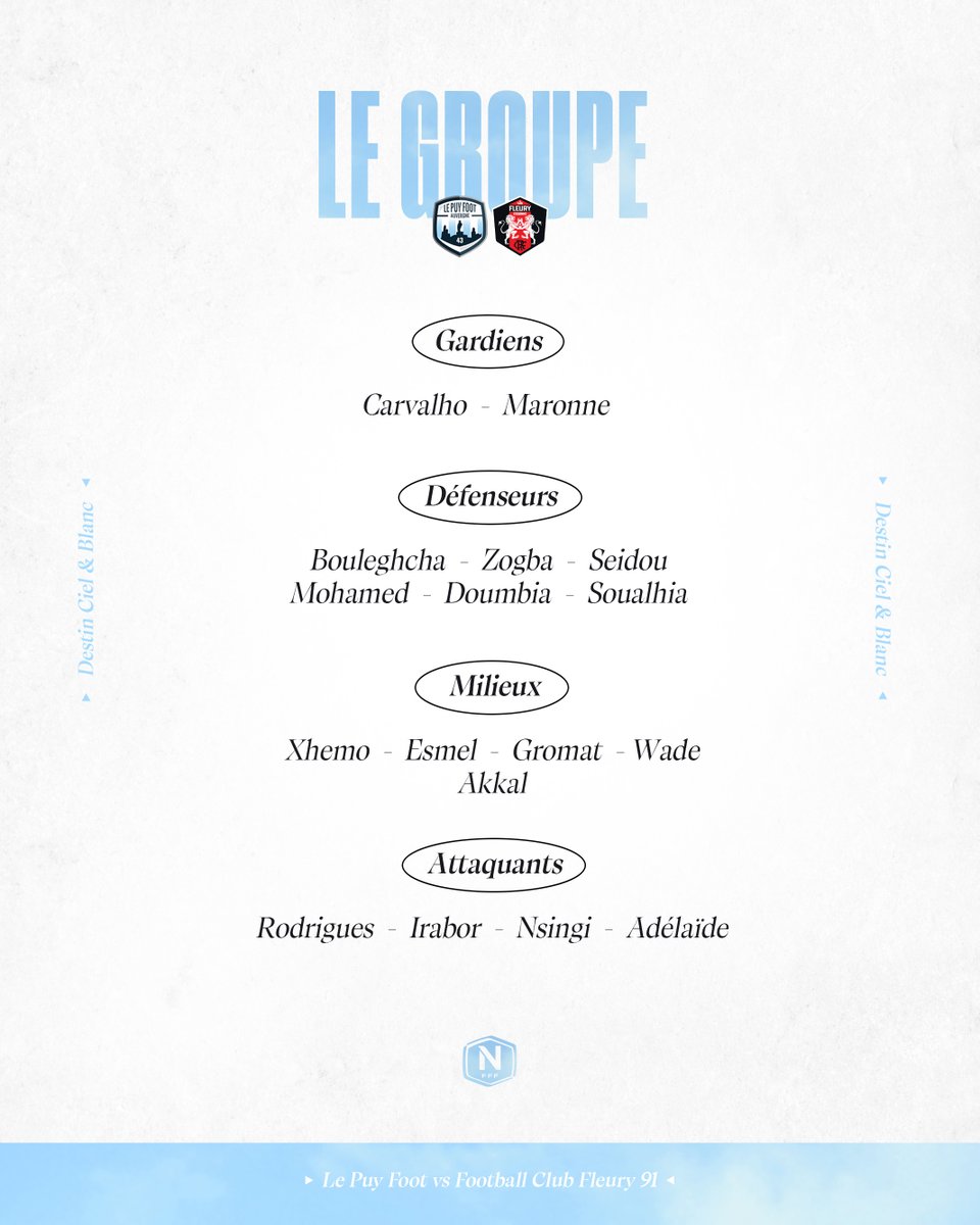 lepuyenvelayfc's tweet photo. 𝗟𝗲 𝗴𝗿𝗼𝘂𝗽𝗲 du Puy pour la réception de Fleury (19h30) ! 👀

#LPF43FCF91 🔵⚪ https://t.co/2nxyg9Bsfc