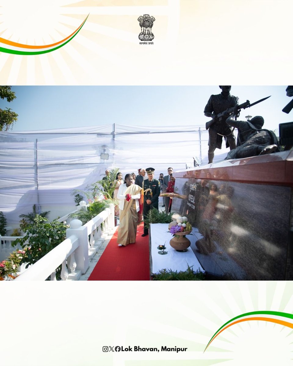 LokBhavManipur's tweet photo. Marking Nupi Lal Day, Hon’ble President Smt Droupadi Murmu paid floral homage at the Nupi Lal Memorial Complex, saluting the brave women of Manipur whose enduring spirit inspires us across generations.
@rashtrapatibhvn
#PresidentOfIndia #LokBhavanImphal #NupiLal #WomenEmpowerment #Manipur