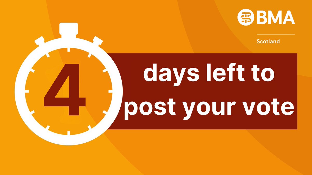 Its Friday, which means for Scottish resident doctors, theres ONLY 4 DAYS LEFT to return your strike ballot

Monday 15th December is the last safe day to post. Friday 19th is when we expect the results

Hold <a href="/scotgov/">Scottish Government</a> to account, bring them back to the table, VOTE TODAY &amp; VOTE YES