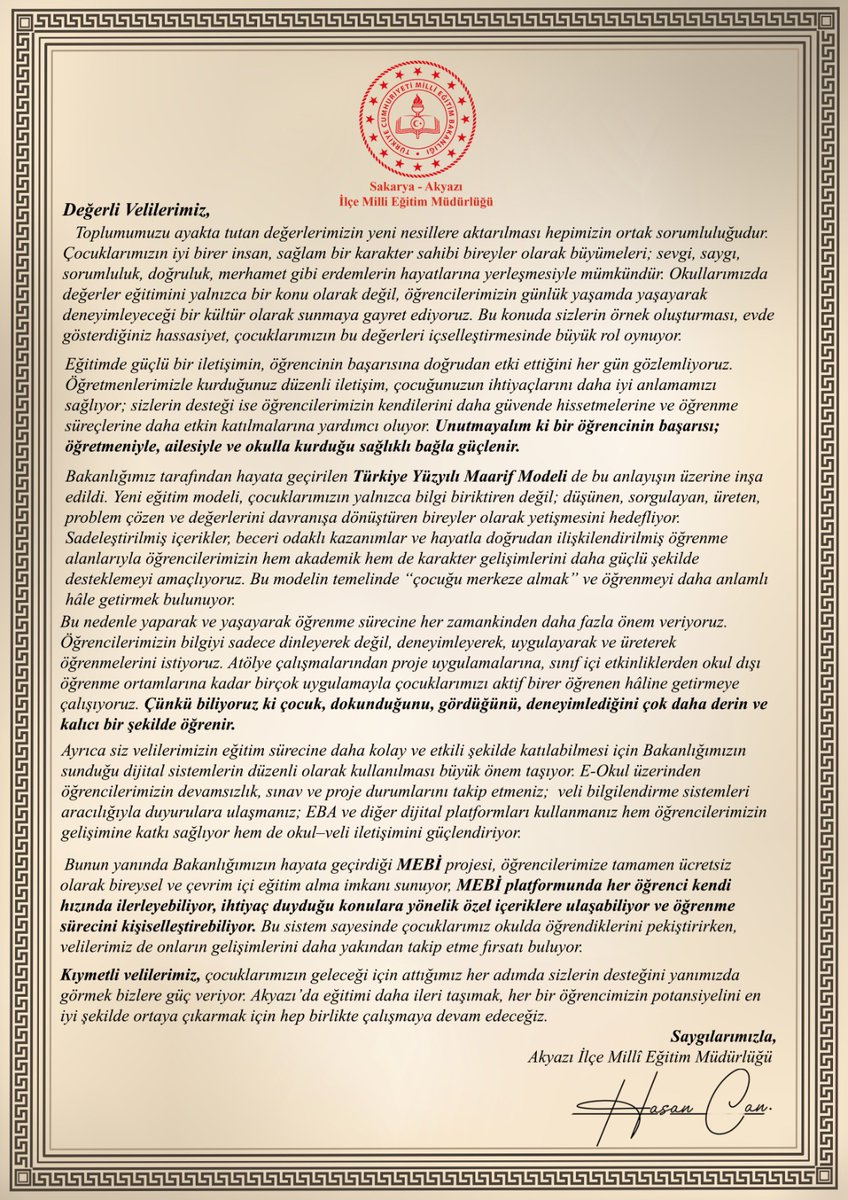 📌 İlçe Milli Eğitim Müdürümüz Sayın Hasan CAN’dan Velilerimize Mektup

İlçe Milli Eğitim Müdürümüz Sayın Hasan CAN, ilçemizdeki tüm velilerimize hitaben bir mektup kaleme aldı.

Mektupta; çocuklarımızın yalnızca akademik başarıyla değil, sevgi, saygı, sorumluluk ve merhamet gibi