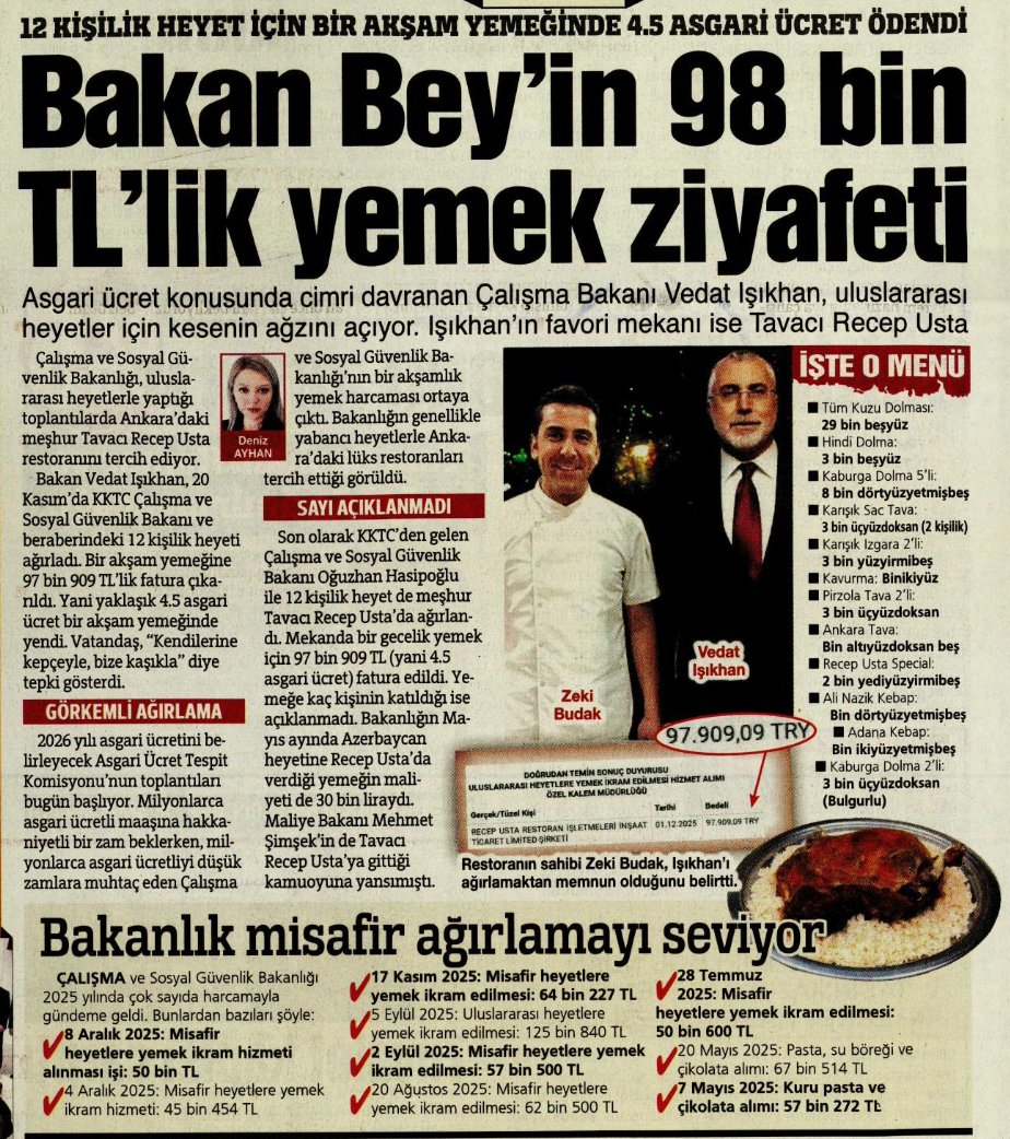12 kişilik  yemege  98 bin TL ödeyen Bakan 
Asgari ücretliye gelince,
Para yok diyor.
.