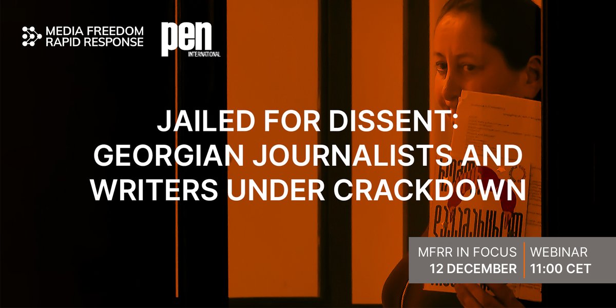 Happening today at 11:00 CET “Jailed for Dissent – Georgian Journalists and Writers Under Crackdown.”: mfrr.eu/jailed-for-dis…

Mzia Amaglobeli’s imprisonment exposes Georgia’s political use of the courts against journalists and pro-EU voices.

Join us and PEN International.
