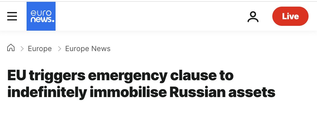 AXChristoforou's tweet image. GAME OVER for EU.

Via EuroNews: The European Union has agreed to indefinitely immobilise the assets of the Russian Central Bank, a central element of the reparations loan to Ukraine, still under intense negotiations ahead of a make-or-break summit next week.

By doing so, the EU…