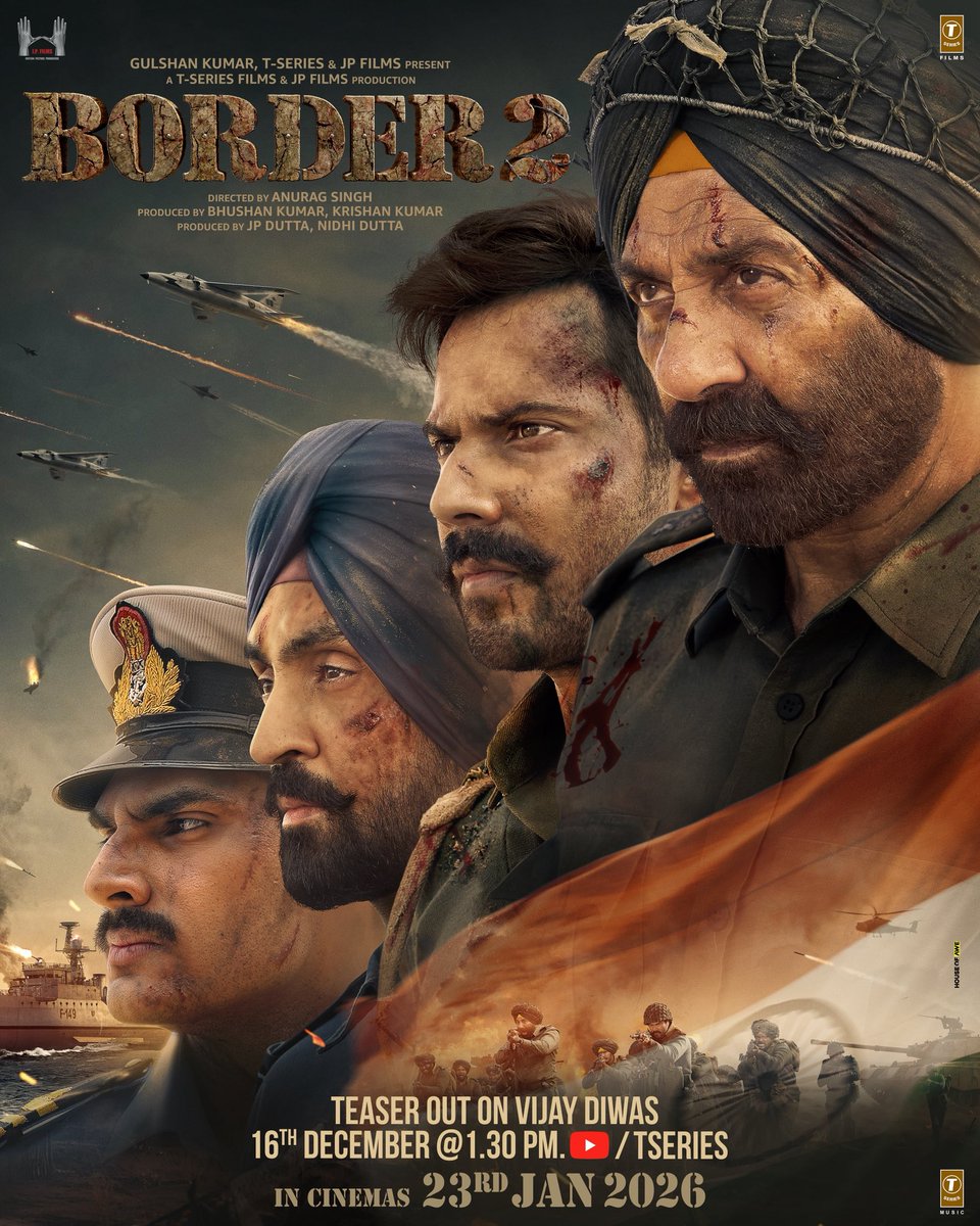 Vijay Diwas ka josh, 1971 ki jeet ki yaad, aur saal ka sabse grand teaser launch - ek saath! 🇮🇳🔥

#Border2 teaser out on 16th December at 1:30 PM IST.

Releasing in cinemas on 23rd January 2026.

<a href="/iamsunnydeol/">Sunny Deol</a> <a href="/Varun_dvn/">Varun Dhawan</a> <a href="/diljitdosanjh/">DILJIT DOSANJH</a> #BhushanKumar #JPDutta <a href="/RealNidhiDutta/">Nidhi Dutta</a>