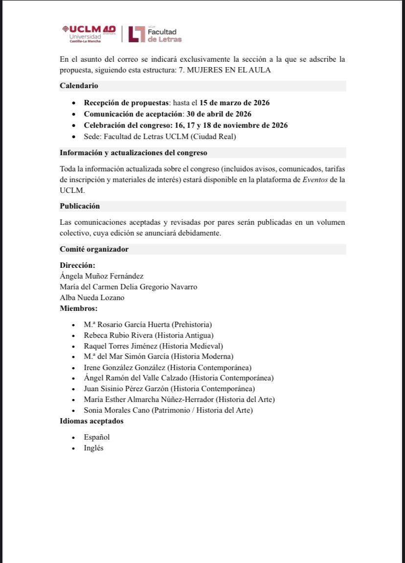 📣 Llamamiento a contribuciones-CFP 
✍️🏛️ 
El Departamento de Historia de <a href="/uclm_es/">Universidad de Castilla-La Mancha</a> y <a href="/DeLetras_UCLM/">Facultad Letras UCLM</a> convocan el 𝐈 𝐂𝐨𝐧𝐠𝐫𝐞𝐬𝐨 𝐇𝐢𝐬𝐭𝐨𝐫𝐢𝐚 𝐝𝐞 𝐥𝐚𝐬 𝐌𝐮𝐣𝐞𝐫𝐞𝐬 𝐞𝐧 𝐂𝐚𝐬𝐭𝐢𝐥𝐥𝐚-𝐋𝐚 𝐌𝐚𝐧𝐜𝐡𝐚 👩‍🏫
#womenhistory #historiamujeres 
ℹ️ Mas info 
👇