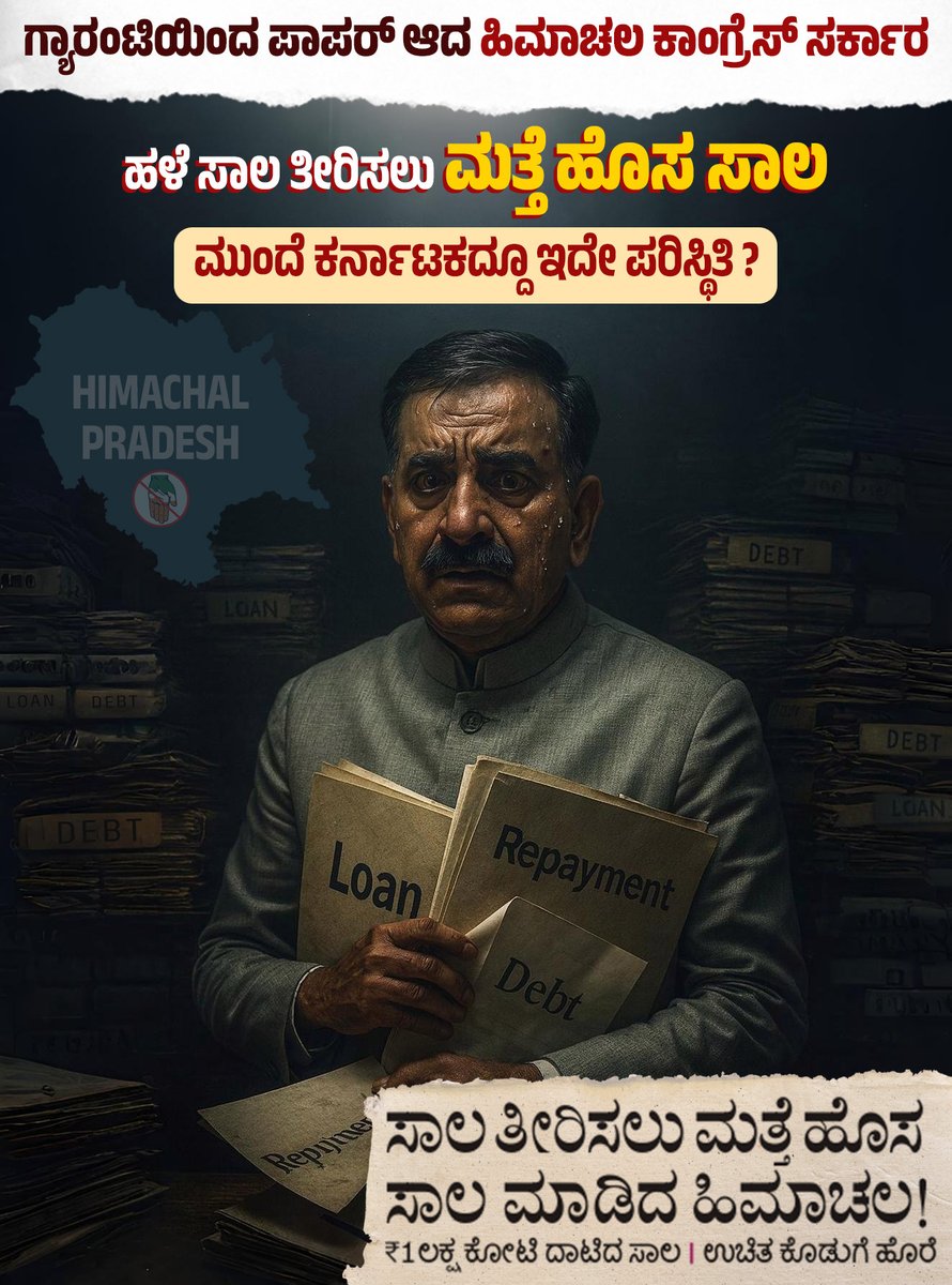 ಅವೈಜ್ಞಾನಿ ಗ್ಯಾರಂಟಿಗಳನ್ನು ಘೋಷಿಸಿ ಹಿಮಾಚಲ ಪ್ರದೇಶದ ಸರ್ಕಾರ ಸಂಪೂರ್ಣ ದಿವಾಳಿಯಾಗಿದ್ದು, ಬೊಕ್ಕಸದಲ್ಲಿ ಹಣವಿಲ್ಲದೇ ಮತ್ತೆ ಹೊಸ ಸಾಲಕ್ಕೆ ಕೈಚಾಚಿದೆ.   

ಬೆಟ್ಟದಷ್ಟು ಸಾಲ ಮಾಡಿ ಆರ್ಥಿಕ ಸಂಕಷ್ಟದ ಸುಳಿಗೆ ಸಿಲುಕಿ ಸಂಪೂರ್ಣ ಪಾಪರ್‌ ಆಗಿದೆ. 

ಕರ್ನಾಟಕದಲ್ಲಿ ದಾಖಲೆಯ ಸಾಲ ಮಾಡಿ ಕುಖ್ಯಾತಿ ಪಡೆದಿರುವ ಸಿದ್ದರಾಮಯ್ಯ ನೇತೃತ್ವದ