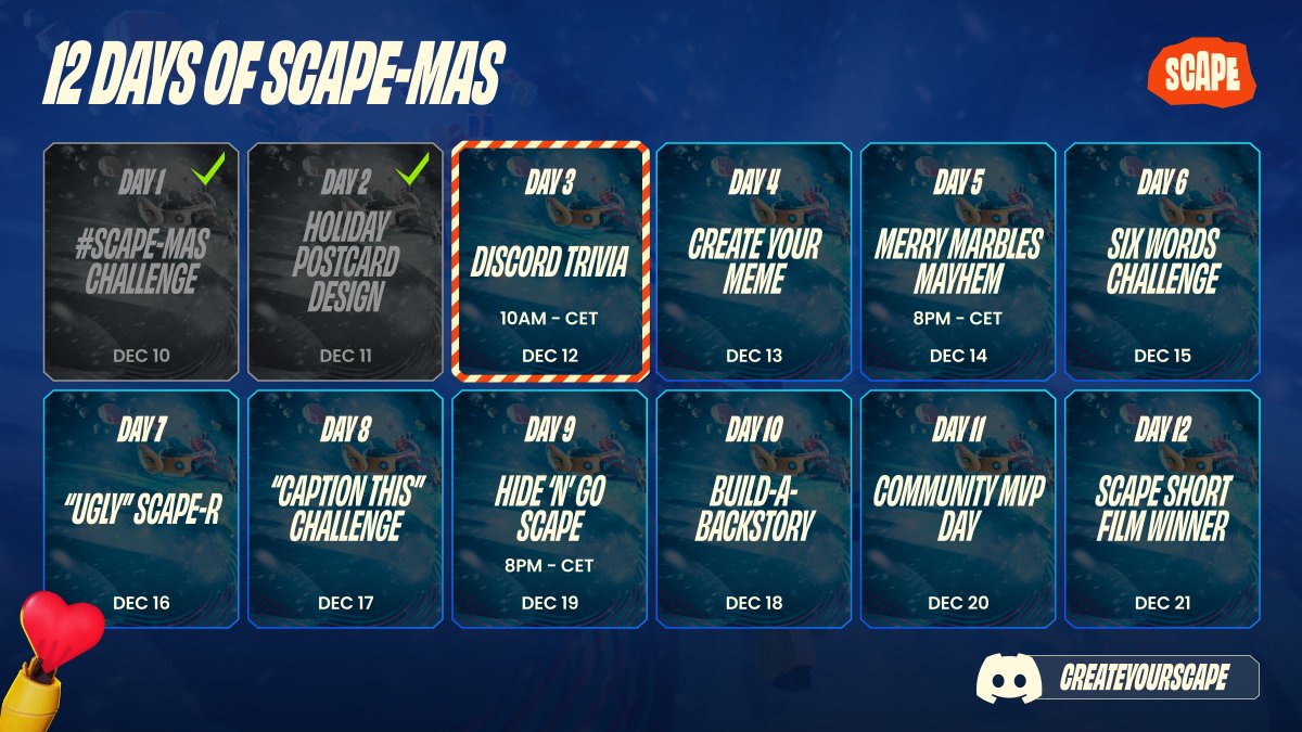 ⁉️Day 3 of #ScapeMas: Discord Trivia Challenge! 🤓

Ready to test your Scape knowledge and holiday trivia skills? 

Join us in the Discord (Link in Bio) at 10:10am CET for a fun round of questions and a chance to win today’s prize! 🏆✨
 
#scapemas #nft #trivia #createyourscape