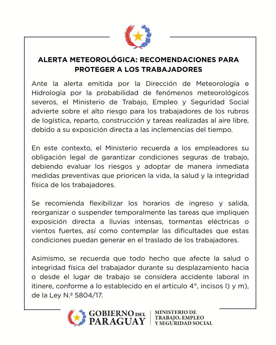 MTESS_PY's tweet photo. #ALERTA | ⚠️ Frente a fenómenos meteorológicos severos, corresponde garantizar condiciones seguras de trabajo y contemplar las dificultades de traslado. https://t.co/2NgNzIz1Py