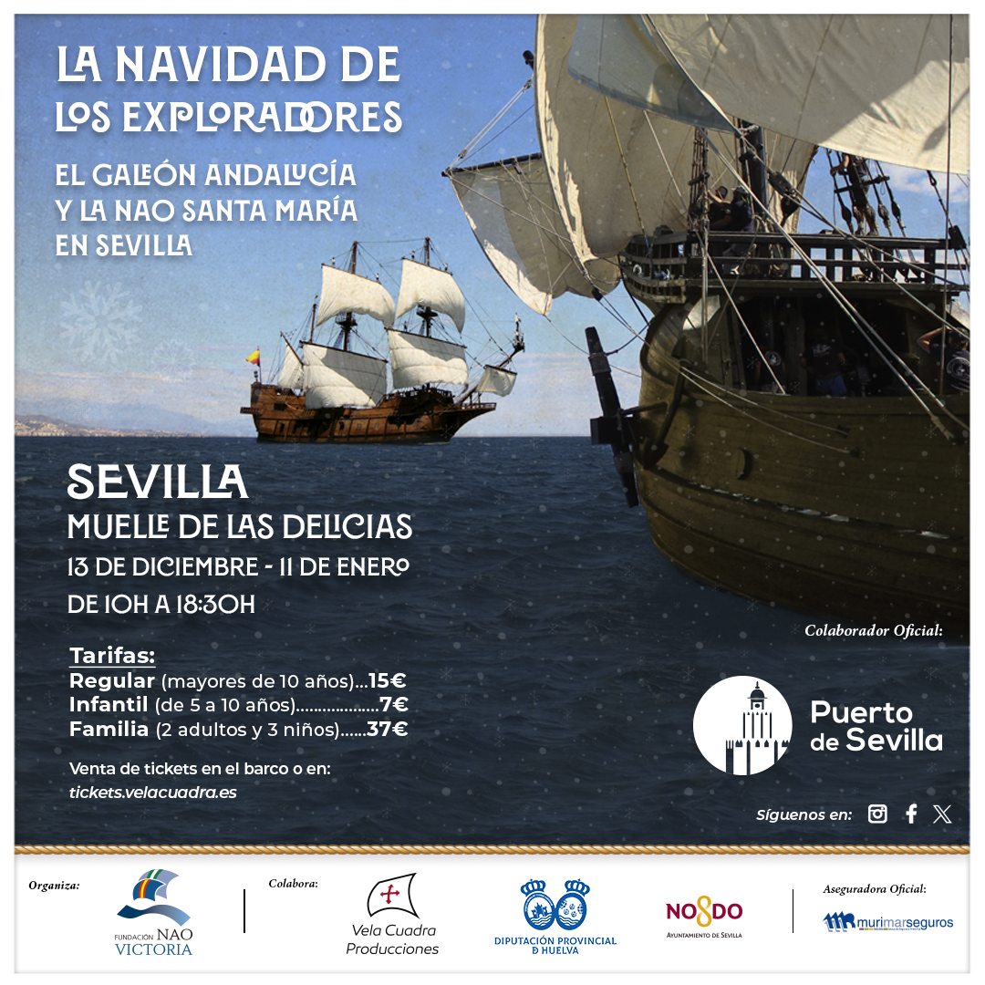 ¡Estas Navidades, embárcate en la aventura!
Llega la NAVIDAD DE LOS EXPLORADORES a #Sevilla. Visita el #galeonandalucia y la <a href="/lanaosantamaria/">Nao Santa María</a> y vive la historia.
📍 Muelle de las Delicias 🗓️ 13 dic - 11 ene ⏰ 10:00 - 18:30h🎟️ Entradas: tickets.velacuadra.es
<a href="/PuertoDeSevilla/">Puerto de Sevilla</a>