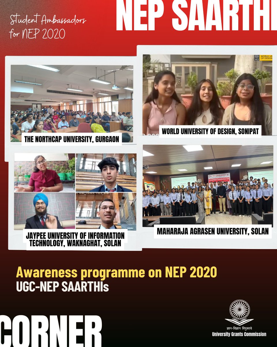 ugc_india's tweet photo. "NEP SAARTHI Corner"

UGC-NEP SAARTHIs leading various initiatives at The Northcap University, Gurgaon; World University of Design, Sonipat; Jaypee University of Information Technology, Waknaghat, Solan; Maharaja Agrasen University, Solan; Amity University, Mohali; Chitkara University, Patiala; DAV University, Jalandhar; GNA University, Punjab; I.I.S. University, Jaipur; Jain Vishva Bharati Institute, Nagaur; RNB Global University, Bikaner, Rajasthan; Shridhar University, Pilani; Sir Padampat Singhania University, Udaipur; Central Tribal University of Andhra Pradesh; SRM University AP and Vikram Simhapuri University, Nellore.

Watch this space every Sunday to learn more about how our Student Ambassadors are spreading awareness about NEP 2020!

#NEP2020 #NEP_SAARTHI #StudentAmbassadors
