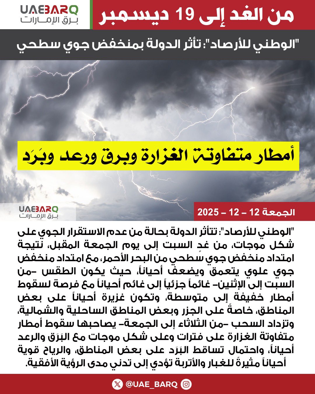 "الوطني للأرصاد": تأثر الدولة بمنخفض جوي سطحي من الغد إلى 19 ديسمبر. 