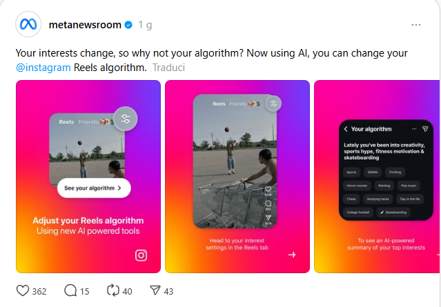 AngeloMarolla's tweet image. Ora puoi aggiustarti il tuo ALGORITMO dei Reel #Instagram come meglio credi. Test negli USA
Fonte: threads.com/@metanewsroom/…

#InstagramUpdate #Instagramreel #InstagramNews