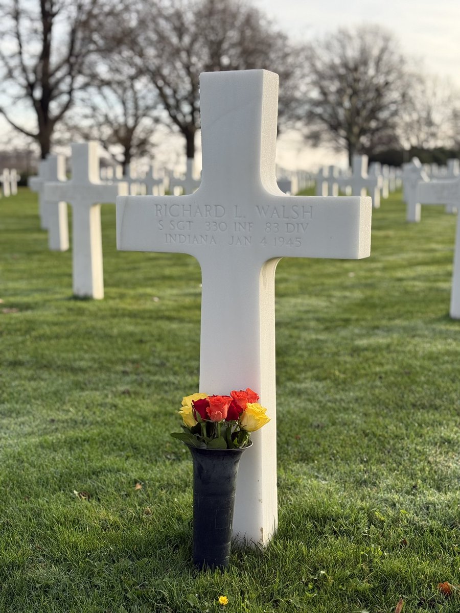 On my way to the Ardennes for the Battle of the Bulge commemorations. Our first stop was Margraten American Cemetery to put flowers on our adopted soldiers grave. Richard L Walsh, 330th Infantry Regiment m, 83rd Infantry Division. Killed near Manhay on January 4th, 1945.