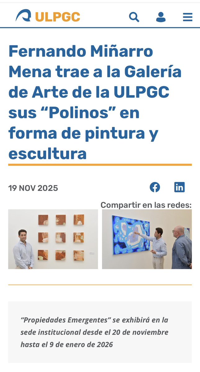 Comparto la noticia publicada por la Universidad de Las Palmas de Gran Canaria sobre mi exposición “Propiedades Emergentes”.

👉 Lee la noticia completa en el enlace:
ulpgc.es/noticia/2025/1…

<a href="/ULPGC/">ULPGC</a>
