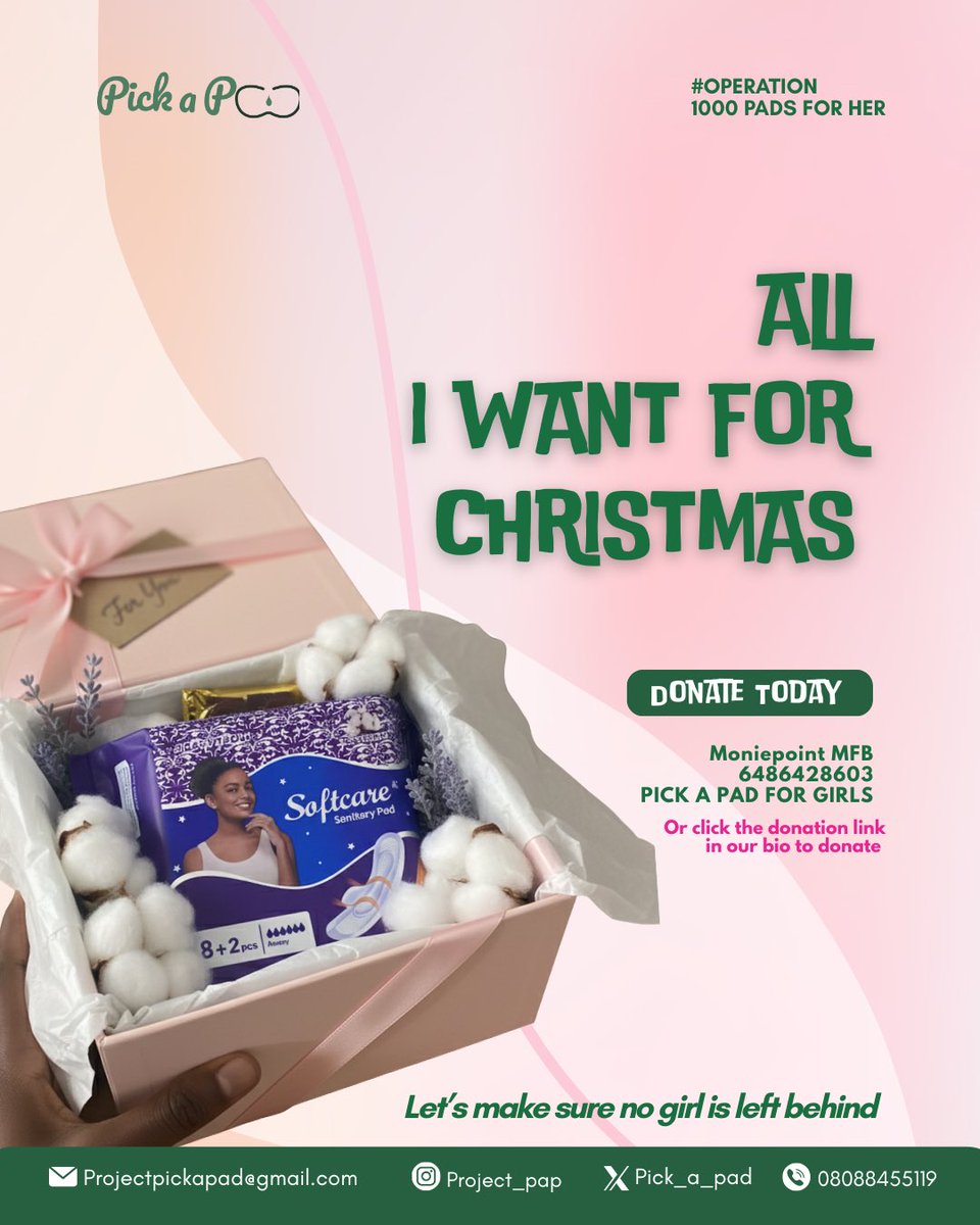 All she wants for Christmas isn’t much, just a pack of pads.

No girl should be wishing for dignity.
This season, let’s change that.

Join #Operation1000PadsForHer and donate today. 🎁✨
Moniepoint MFB – 6486428603
Pick A Pad For Girls

#EndPeriodPoverty #PadsForGirls #Christma