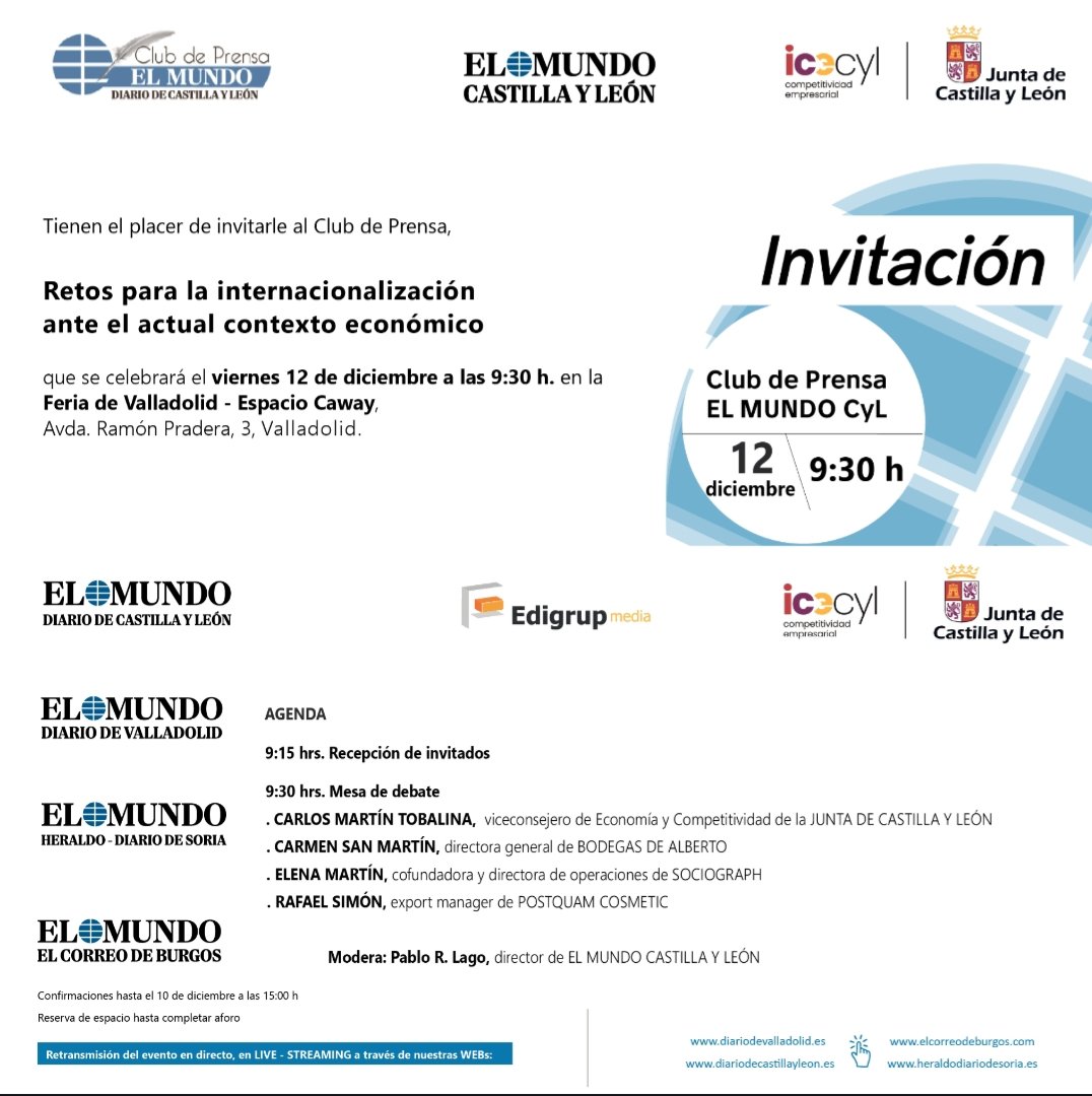 <a href="/elmundocyl/">elmundocastillayleon</a> organiza hoy un interesante desayuno sobre RETOS PARA LA INTERNACIONALIZACIÓN. Mesa variada con distintos organismos y empresas:<a href="/jcyl/">Junta de Castilla y León</a>,<a href="/Postquam/">Postquam</a> <a href="/BdeAlberto/">deAlberto</a> y <a href="/Sociograph/">Sociograph Marketing Science</a>