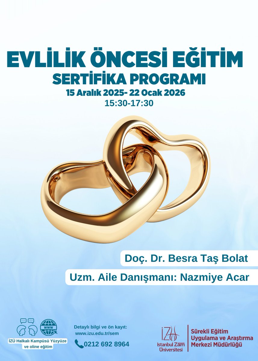 📢 Evlilik Öncesi Eğitimi Sertifika Programı başlıyor! İlişki yönetimi, iletişim becerileri ve sağlıklı bir evlilik için bilimsel temelli eğitim seni bekliyor. Detaylı bilgi ve kayıt:izu.edu.tr/izusem/egitiml… <a href="/zaimuniv/">İZÜ</a>