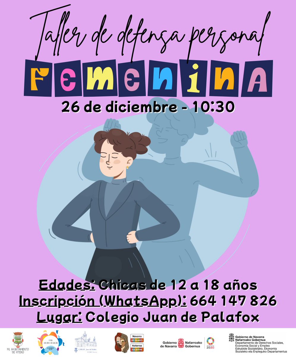 💪 Taller de #defensapersonal para #adolescentes 

Un espacio seguro para aprender, ganar confianza y fortalecer cuerpo y mente.

📅 26 de diciembre
⏰ 10:30 h
📍 Colegio Público Juan de Palafox 

👧 Dirigido a chicas de 12 a 18 años

#Fitero
<a href="/de_fitero/">Equipo de Gobierno. Ayuntamiento de Fitero</a>